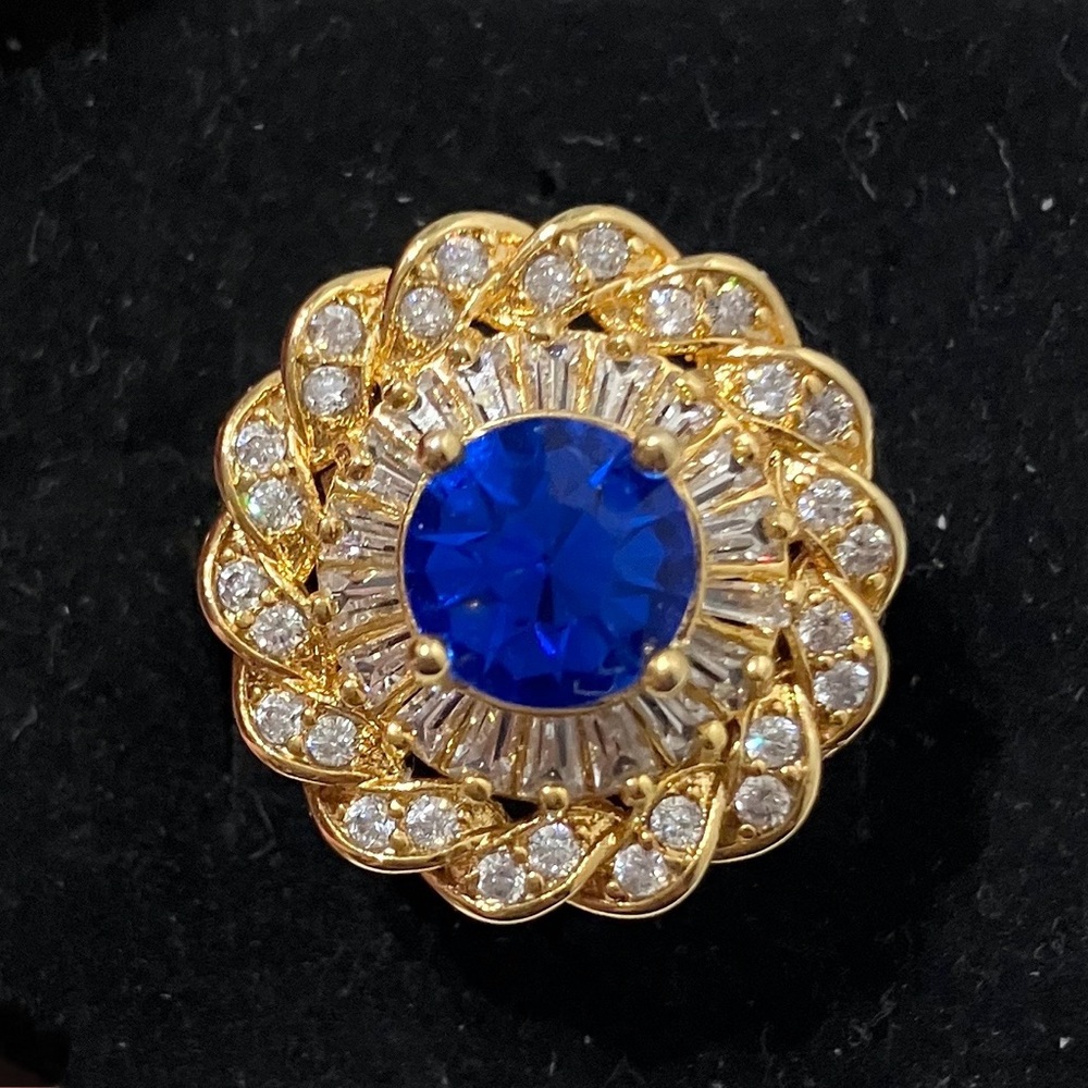 Gold Tone Blue Stone CZ Halo Ring